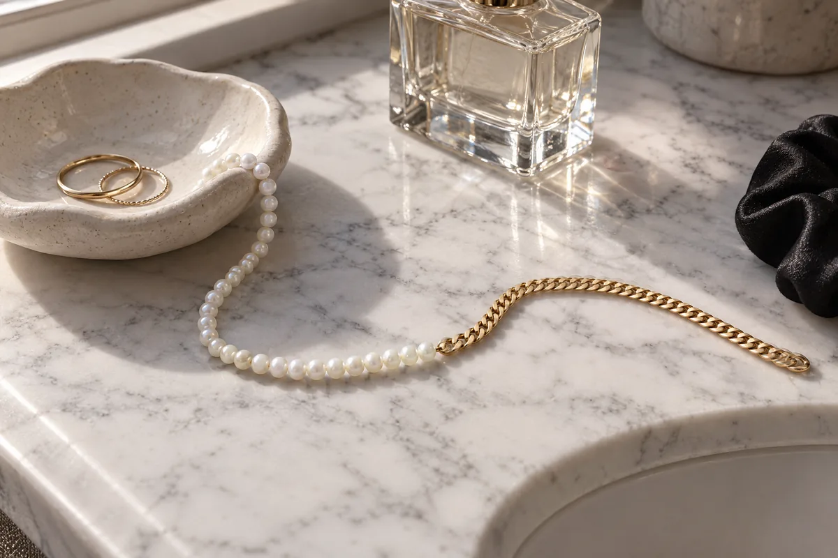 The pearl and gold necklace lies with her jewellery on a marble vanity, draped over a dish holding her rings.