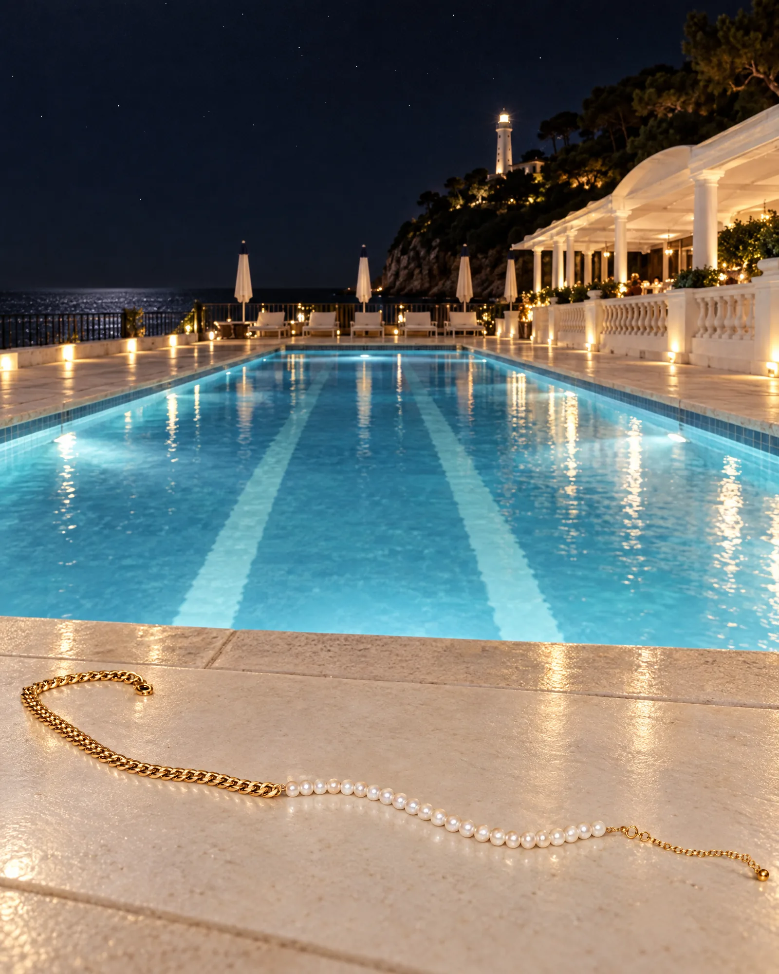 The pearl and gold necklace lies on the stone edge of a long lit seawater pool at night on Cap-Ferrat, a white pavilion beside it and a lighthouse above the pines.