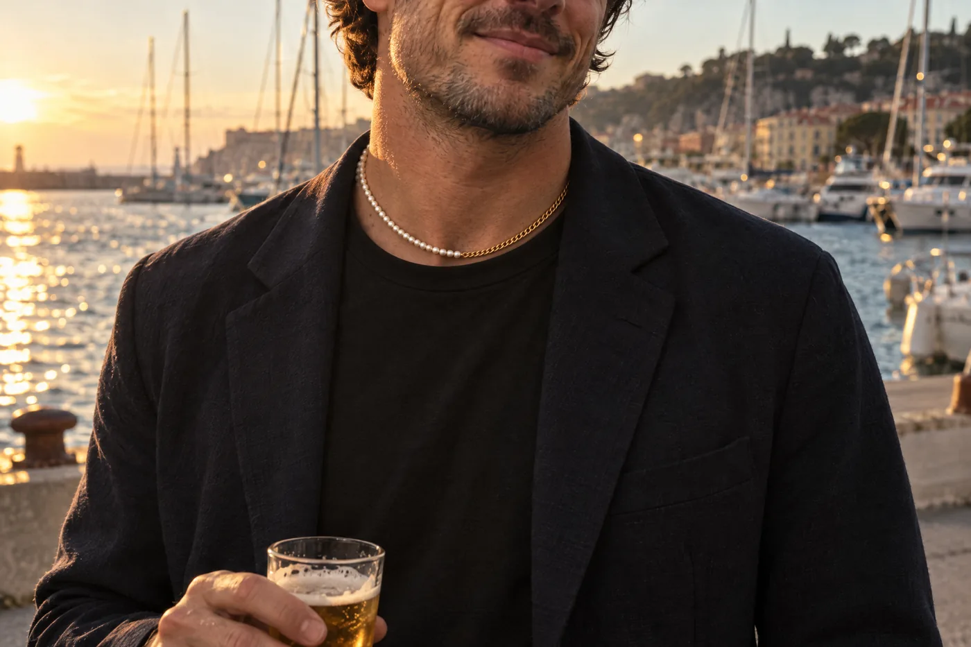 Seen from the smile down, a man in a black tee and an open navy blazer wears the pearl and gold necklace on a harbour quay in low sun, a glass of beer in his hand.