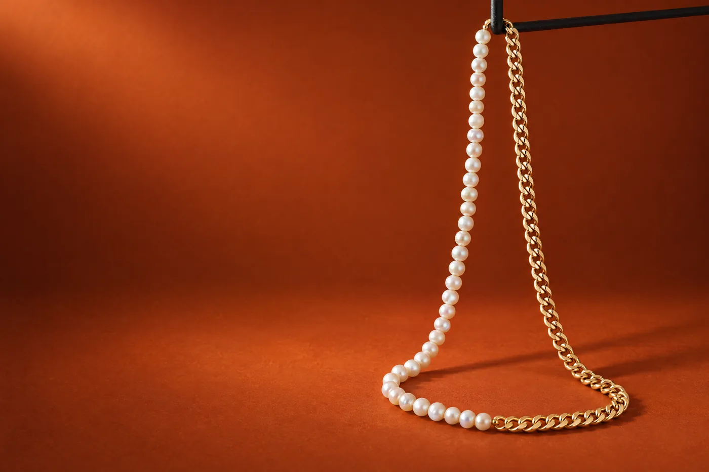 The Player Pearls necklace, half gold Cuban link chain and half white pearls, hangs in a long loose drape against a burnt orange studio backdrop.